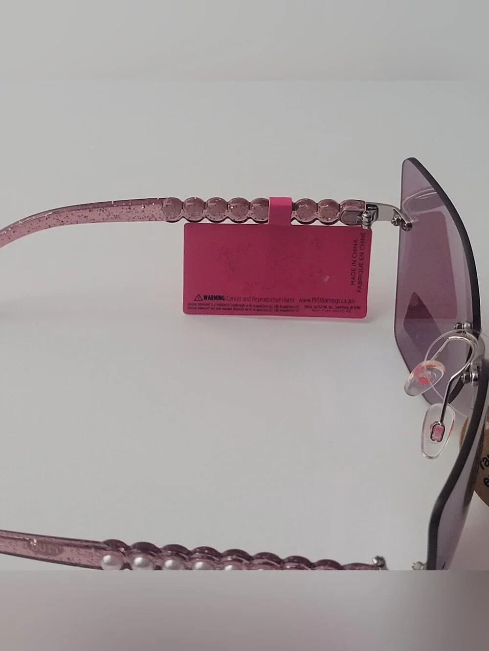Betsey Johnson Purple Oversized Cat Eye Sunglasses Pearl Temples Rimless UV400